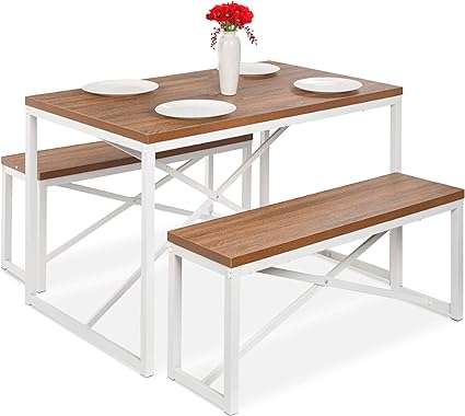 Best Choice Products 45.5in 3-Piece Bench Style Dining Furniture Set, 4-Person Space-Saving Dinette for Kitchen, Dining Room w/ 2 Benches, Table - Brown/White