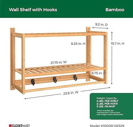 ClosetMaid Bamboo Wall Shelf with Towel Bar, 3 Hooks, Wall Mount Storage Shelves, 2 Tier, Organizer Rack, Natural Finish