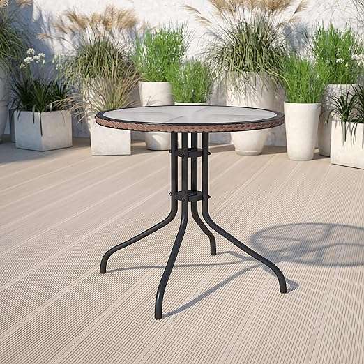 Flash Furniture Barker 28 Round Tempered Glass Metal Table with Dark Brown Rattan Edging