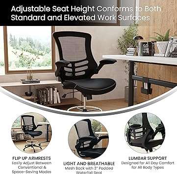 Flash Furniture Kelista Mid-Back Black Mesh Ergonomic Drafting Chair with LeatherSoft Seat Adjustable Foot Ring, Flip-Up Arms Comfort and Productivity