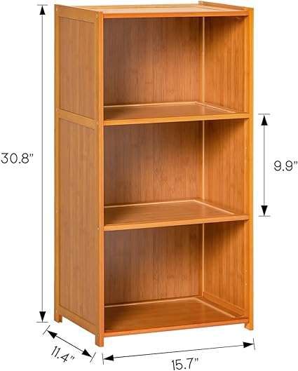 MoNiBloom Bamboo 3 Tier Narrow Bookshelf Freestanding Display Storage Shelves Cabinet Furniture for Bedroom Living Room Kitchen, Brown