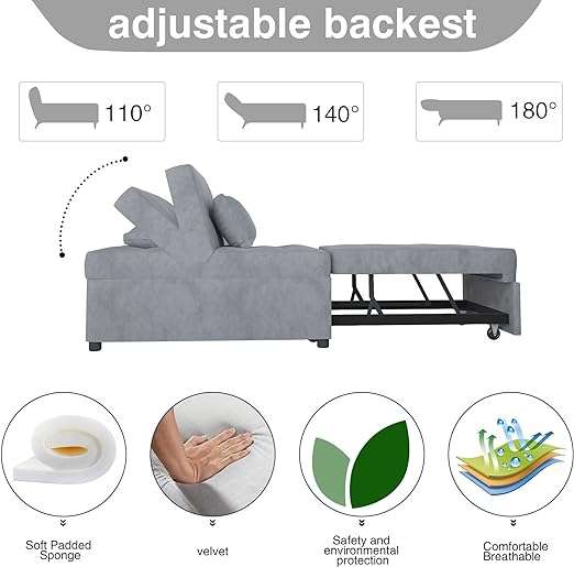 PHOYAL Deck Chair, Sofa Bed Convertible Chair 4 in 1 Multi-Function Folding Ottoman Modern Breathable Linen Guest Bed with Adjustable Sleeper for Small Room Apartment, Grey (4IN1TY720)