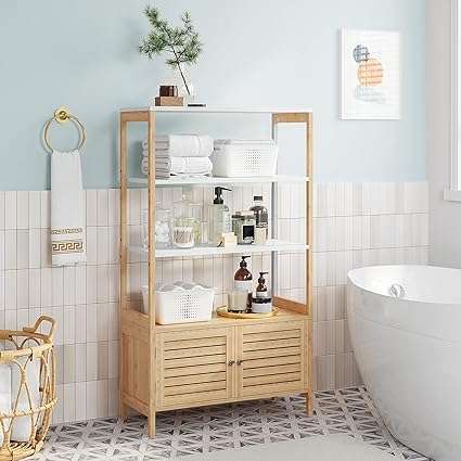 SONGMICS Bathroom Cabinet, Bathroom Storage Cabinet with 3 Shelves and Double Doors, Free-Standing, Bamboo, 11.8 x 27.6 x 47.2 Inches, Natural and White UBCB010N01