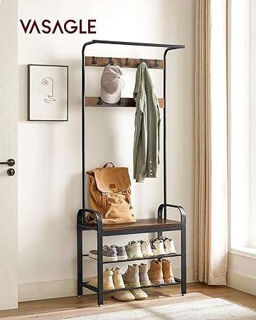 VASAGLE Coat Rack, Hall Tree with Shoe Bench for Entryway, Entryway Bench with Coat Rack, 4-in-1, with 9 Removable Hooks, a Hanging Rod, 13.3 x 28.3 x 72.1 Inches, Rustic Brown and Black UHSR40B