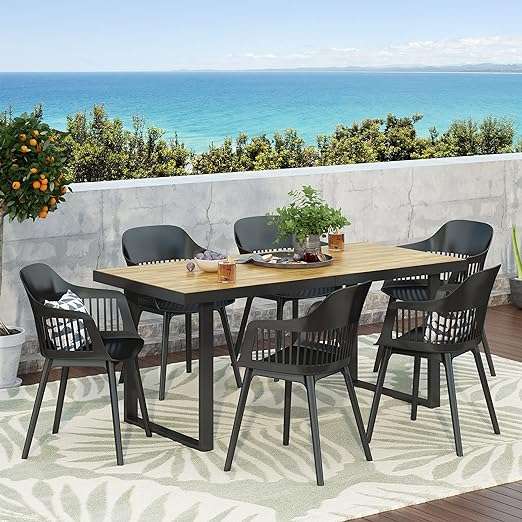 Christopher Knight Home Requeta Outdoor Dining Sets, Black + Teak