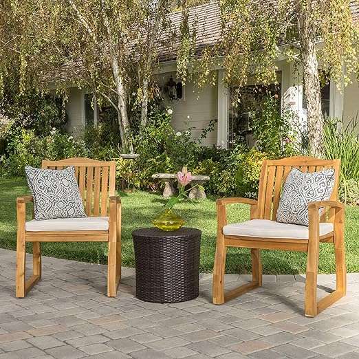 Christopher Knight Home Tampa Outdoor Acacia Wood Chat Set with Round Wicker Table, 3-Pcs Set, Teak Finish Brown