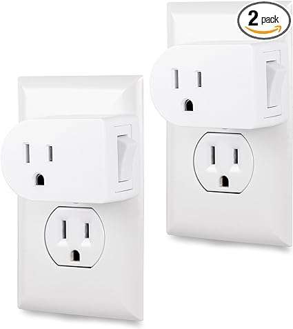 Cordinate Grounded Outlet On/Off Power Switch, 3 Prong, Plug in Adapter, Easy to Install, for Indoor Lights and Small Appliances, Energy Saving, White, 2 Pack, 54670