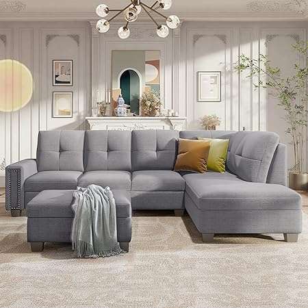 DHHU Fine Sectional, Reversible Chaise, L Shaped Couch Sofa with Ottoman for Living Room, Apartment, Office, Gray, Black Funiture Sets