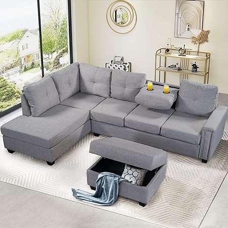 DHHU Fine Sectional, Reversible Chaise, L Shaped Couch Sofa with Ottoman for Living Room, Apartment, Office, Gray, Black Funiture Sets
