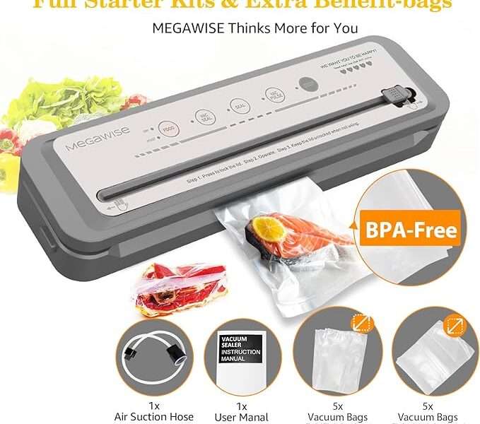MEGAWISE Vacuum Sealer Machine, Portable Strong Suction Power Food Sealer, Bags and Cutter included with External Vacuum Function, Freshness Saver（Silver)