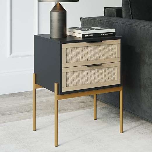 Nathan James Andrew Nightstand, Accent Bedside End Side Table with Storage Drawer, and Mid-Century Modern Legs for Living Room or Bedroom, 1, Black Cane Gold