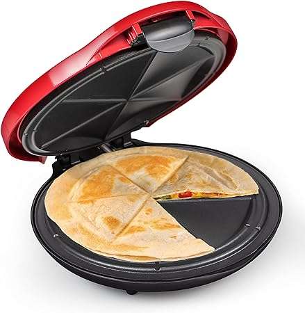 Taco Tuesday Deluxe 10-inch 6-Wedge Electric Quesadilla Maker with Extra Stuffing Latch, Red