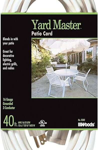 Woods Yard Master 992382 White Patio 40-Foot; 3-Pronged; 16 Gauge Extension Cord; 13 AMPS; 125 Volts; 1625 Watts; Ideal for Use with Outdoor Appliances; Decorative Lights and Holiday Displays